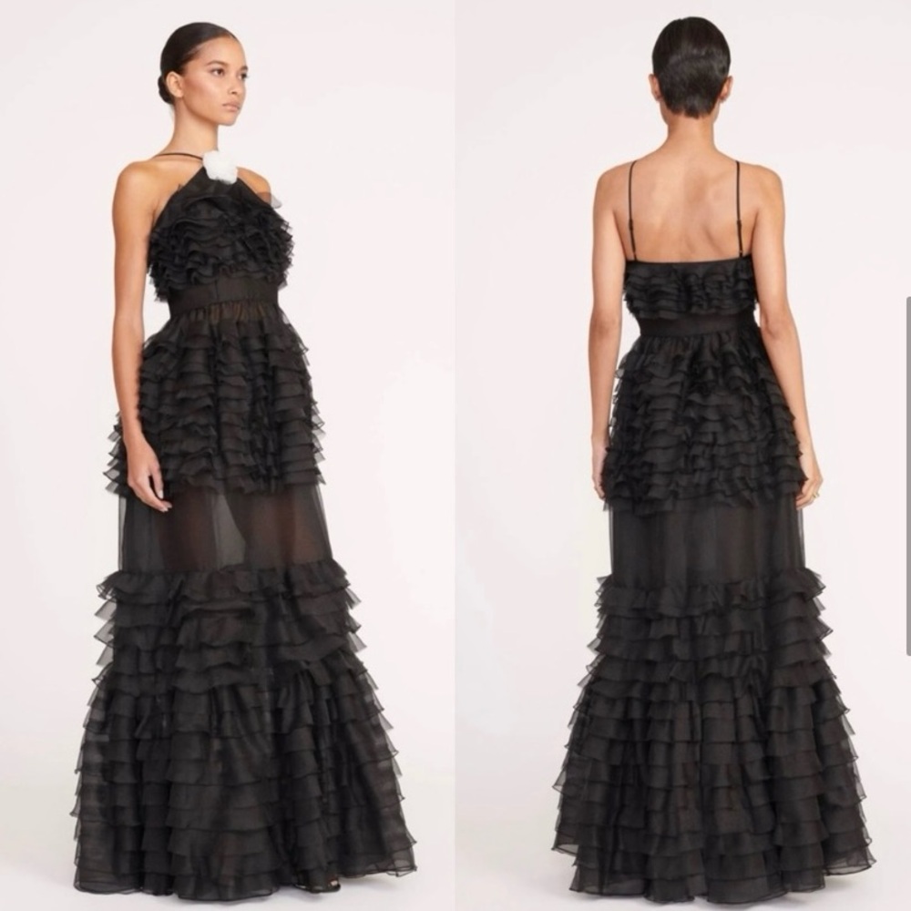 STAUD Florian Black Ruffle Tiered Dress with Rosette Black Tie Wedding Guest